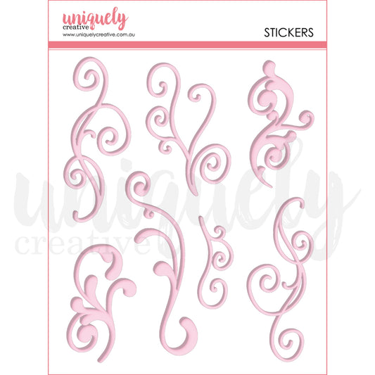 Sheet of pink flourish puffy stickers featuring dimensional scroll work and decorative swirl designs in soft pink, part of Uniquely Creative's Whispers of Wisdom collection