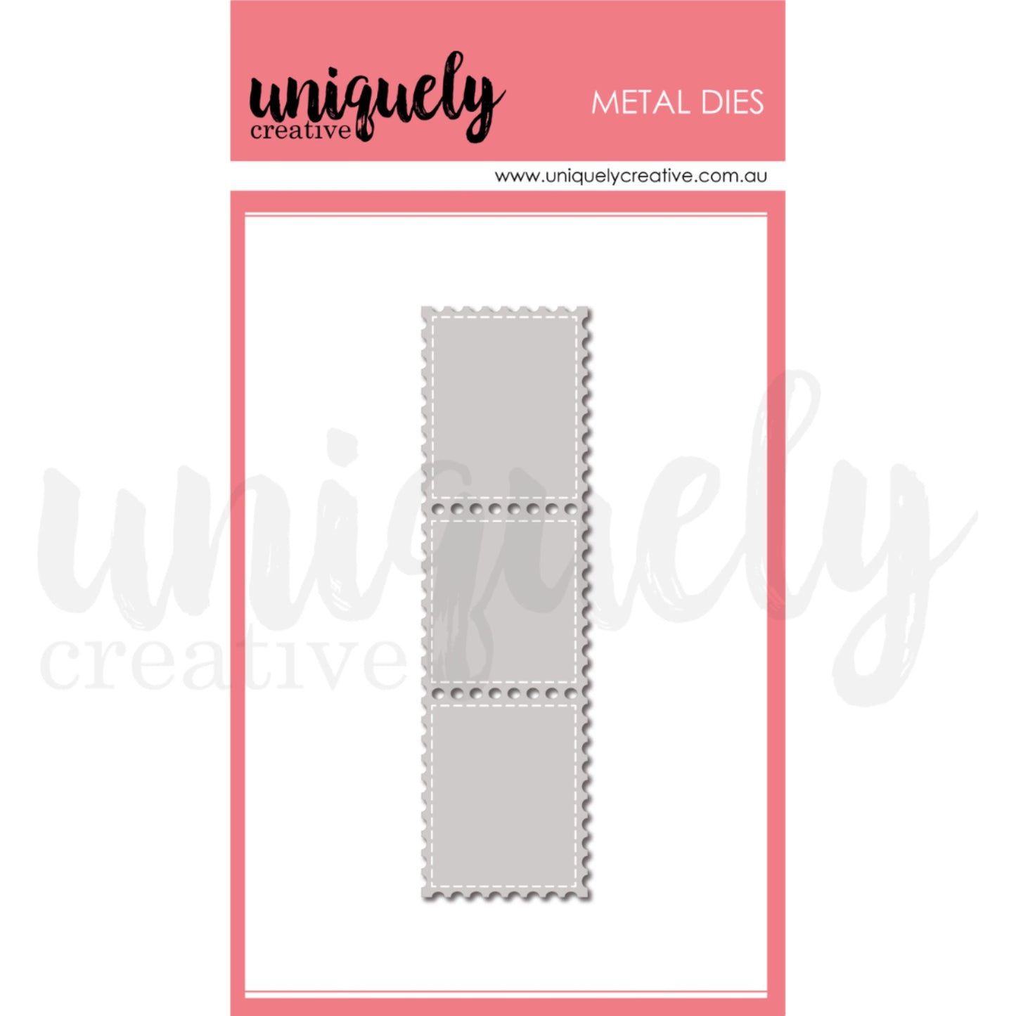 Uniquely Creative Postage Stamp Strip Die showing three connected postage stamps with decorative scalloped edges