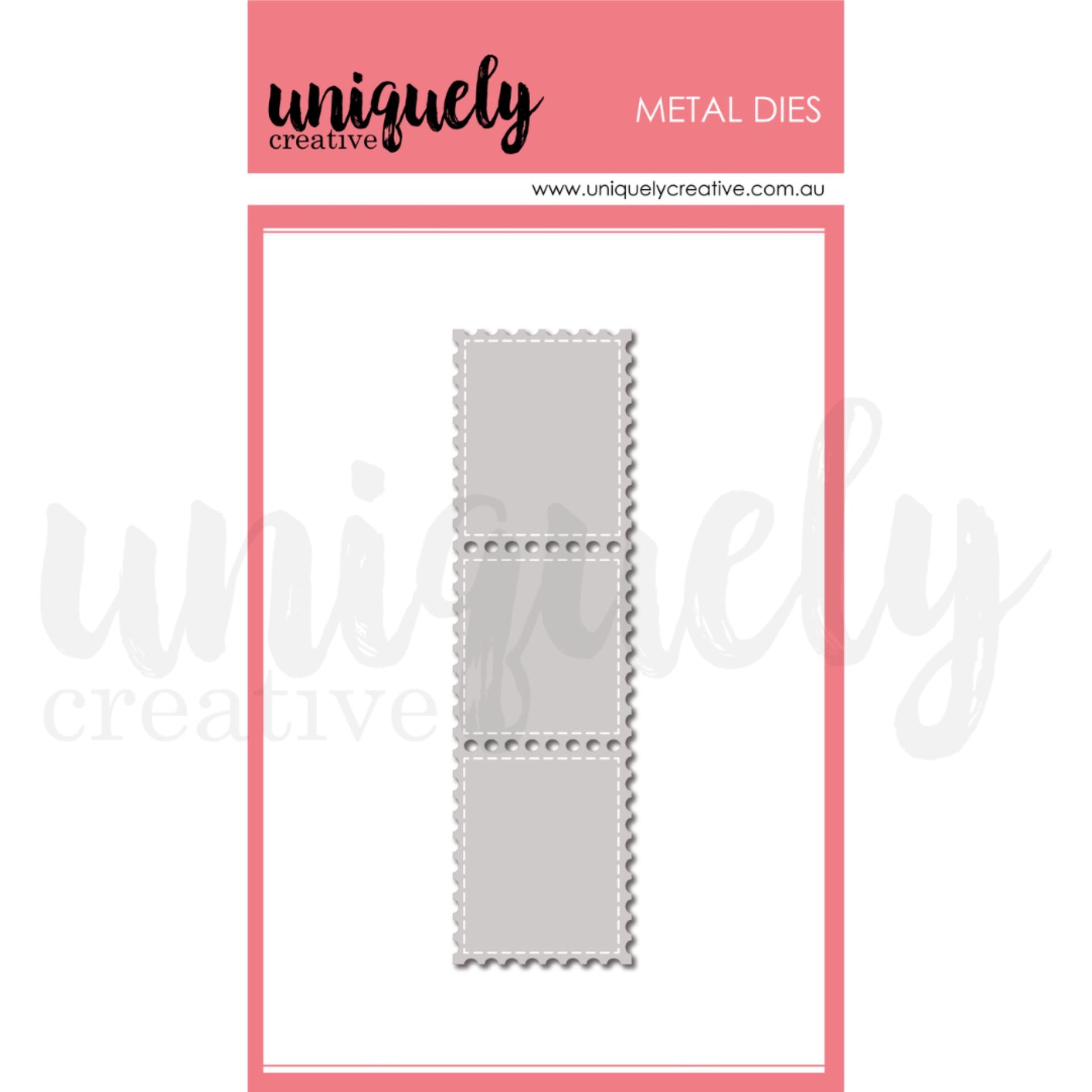 Uniquely Creative Postage Stamp Strip Die showing three connected postage stamps with decorative scalloped edges