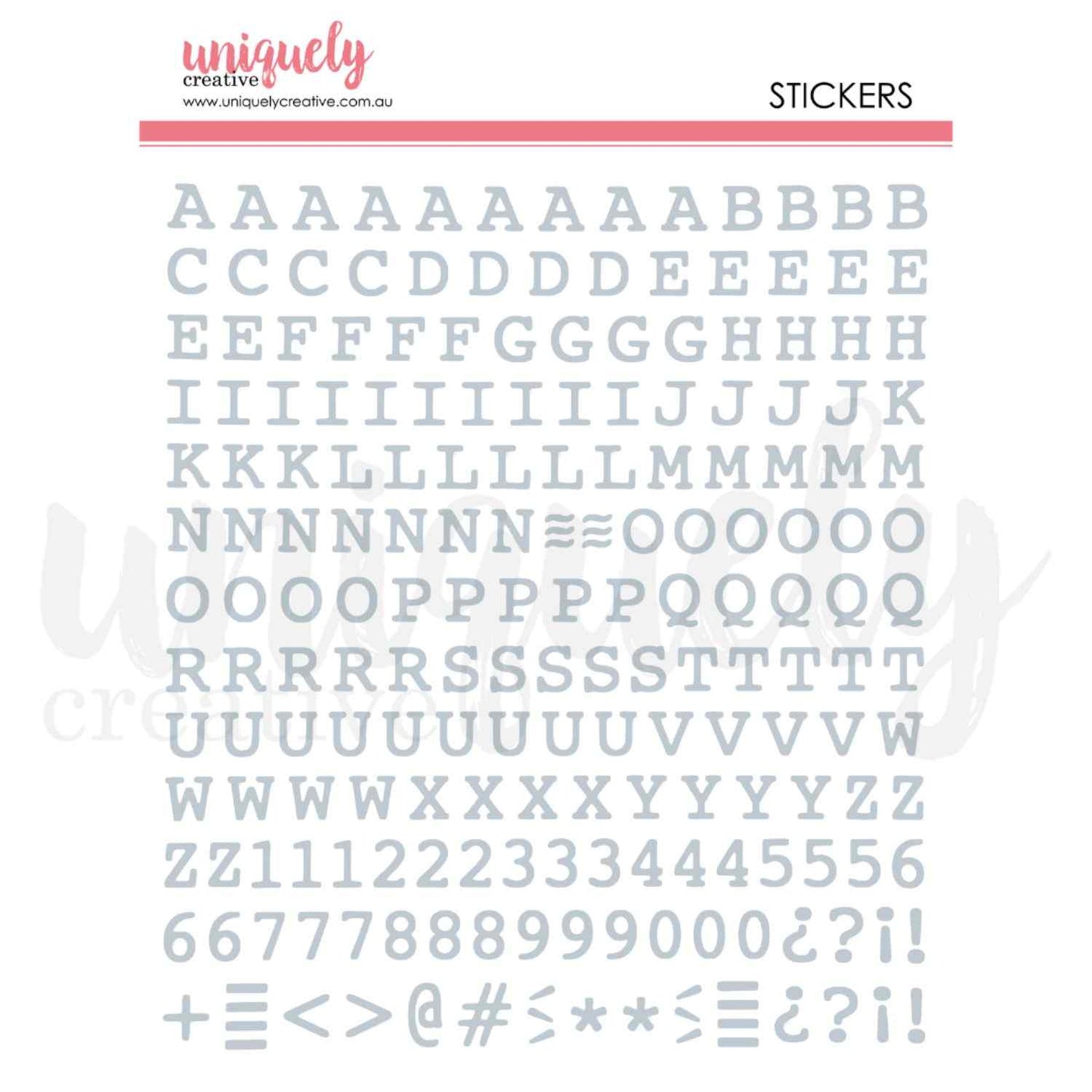  Uniquely Creative Puffy Alpha Stickers Uppercase Silver sticker sheet showing a full uppercase alphabet A–Z, numbers 0–9, and punctuation and symbol characters in soft silver, approximately ½ inch size 