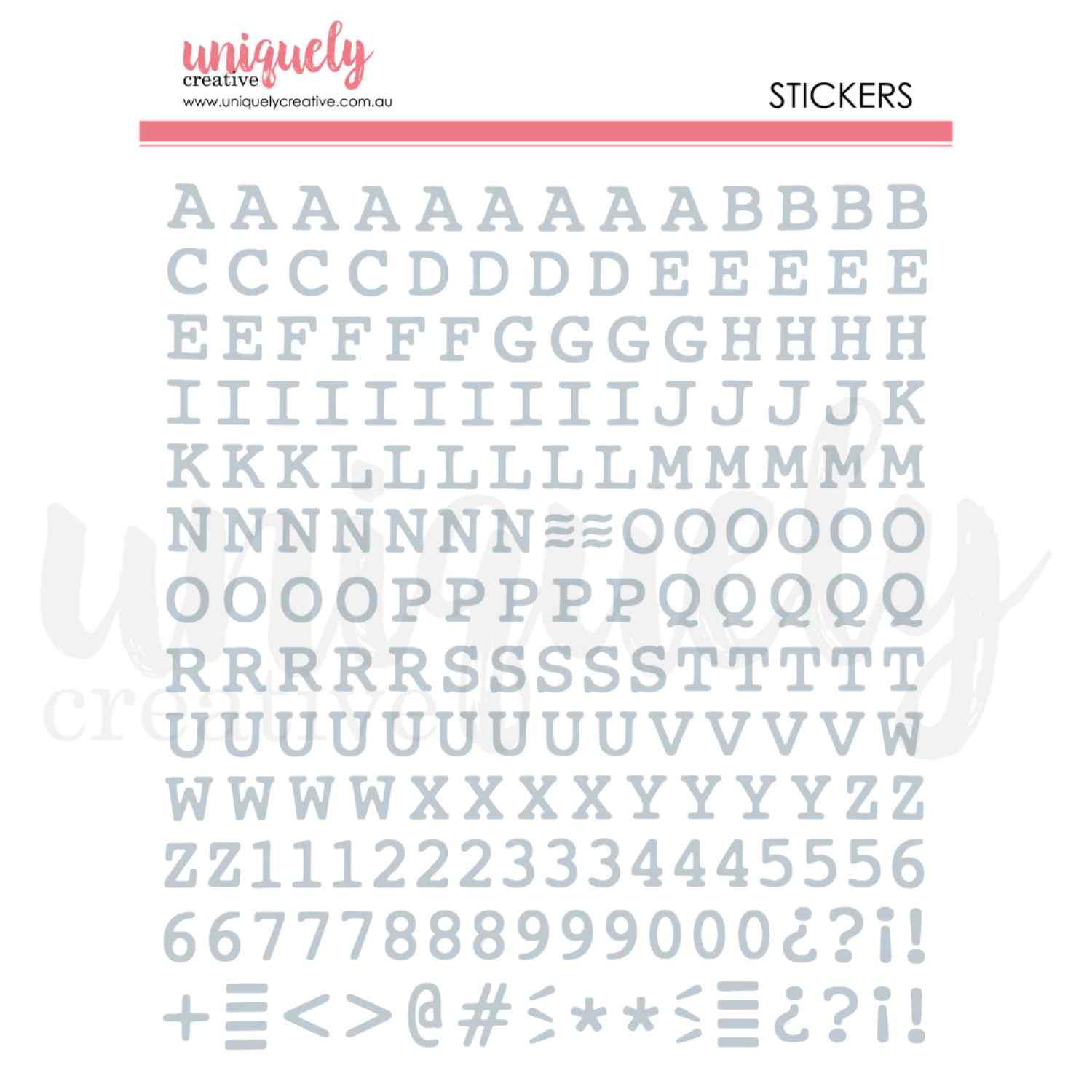 Uniquely Creative Puffy Alpha Stickers Uppercase Silver sticker sheet showing a full uppercase alphabet A–Z, numbers 0–9, and punctuation and symbol characters in soft silver, approximately ½ inch size 