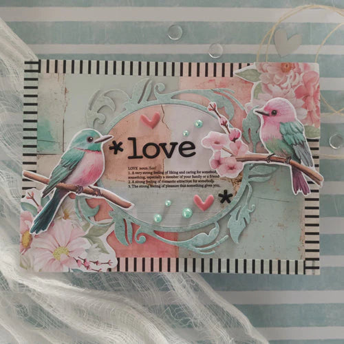 Uniquely Creative Puffy Lowercase Alpha Stickers Black spelling "love" on a handmade card with floral and bird embellishments