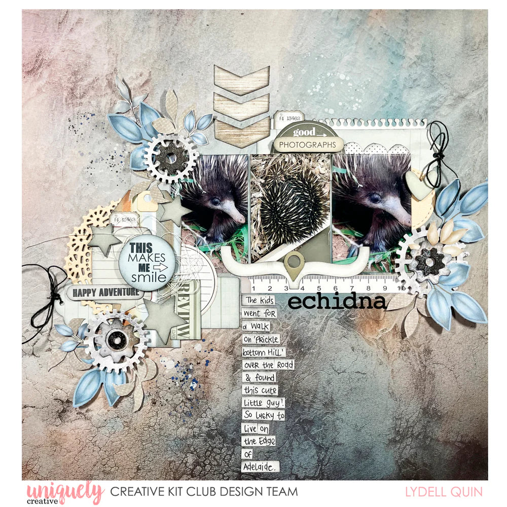 Uniquely Creative Puffy Lowercase Alpha Stickers Black spelling "echidna" on a scrapbook layout by Uniquely Creative Kit Club designer Lydell Quin
