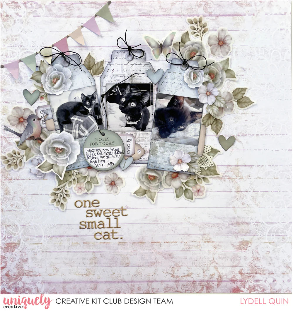 Uniquely Creative Puffy Lowercase Alpha Stickers Gold spelling "one sweet small cat" on a scrapbook layout by Uniquely Creative Kit Club designer Lydell Quin
