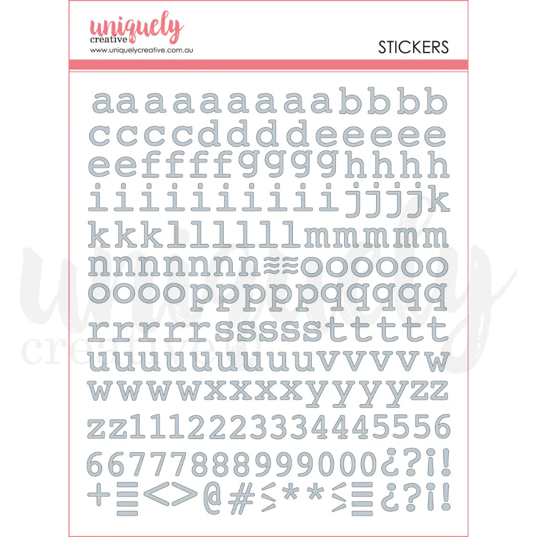 Uniquely Creative Puffy Lowercase Alpha Stickers Silver — a–z letters, numbers and punctuation sticker sheet for scrapbooking and card making 