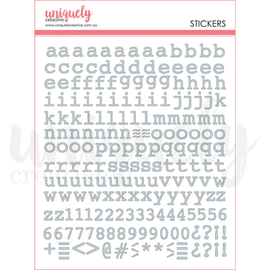Uniquely Creative Puffy Lowercase Alpha Stickers Silver — a–z letters, numbers and punctuation sticker sheet for scrapbooking and card making 