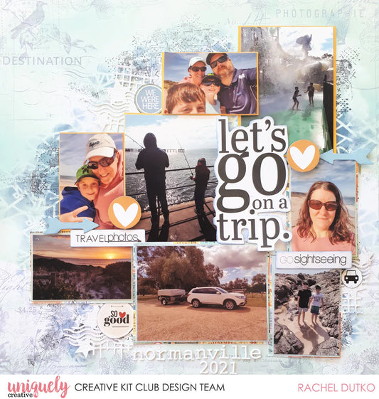 Uniquely Creative Puffy Lowercase Alpha Stickers White on a travel scrapbook layout by Uniquely Creative Kit Club designer Rachel Dutko