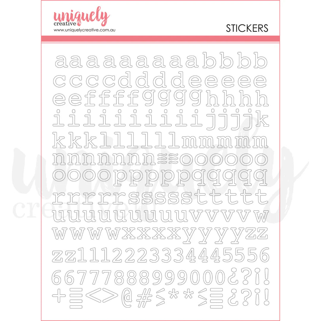 Uniquely Creative Puffy Lowercase Alpha Stickers White — a–z letters, numbers and punctuation sticker sheet for scrapbooking and card making