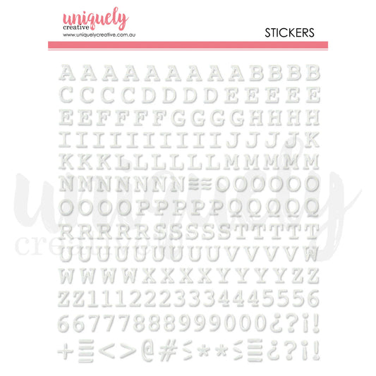 Uniquely Creative Puffy Uppercase Alpha Stickers White — A–Z letters, numbers and punctuation sticker sheet for scrapbooking and card making