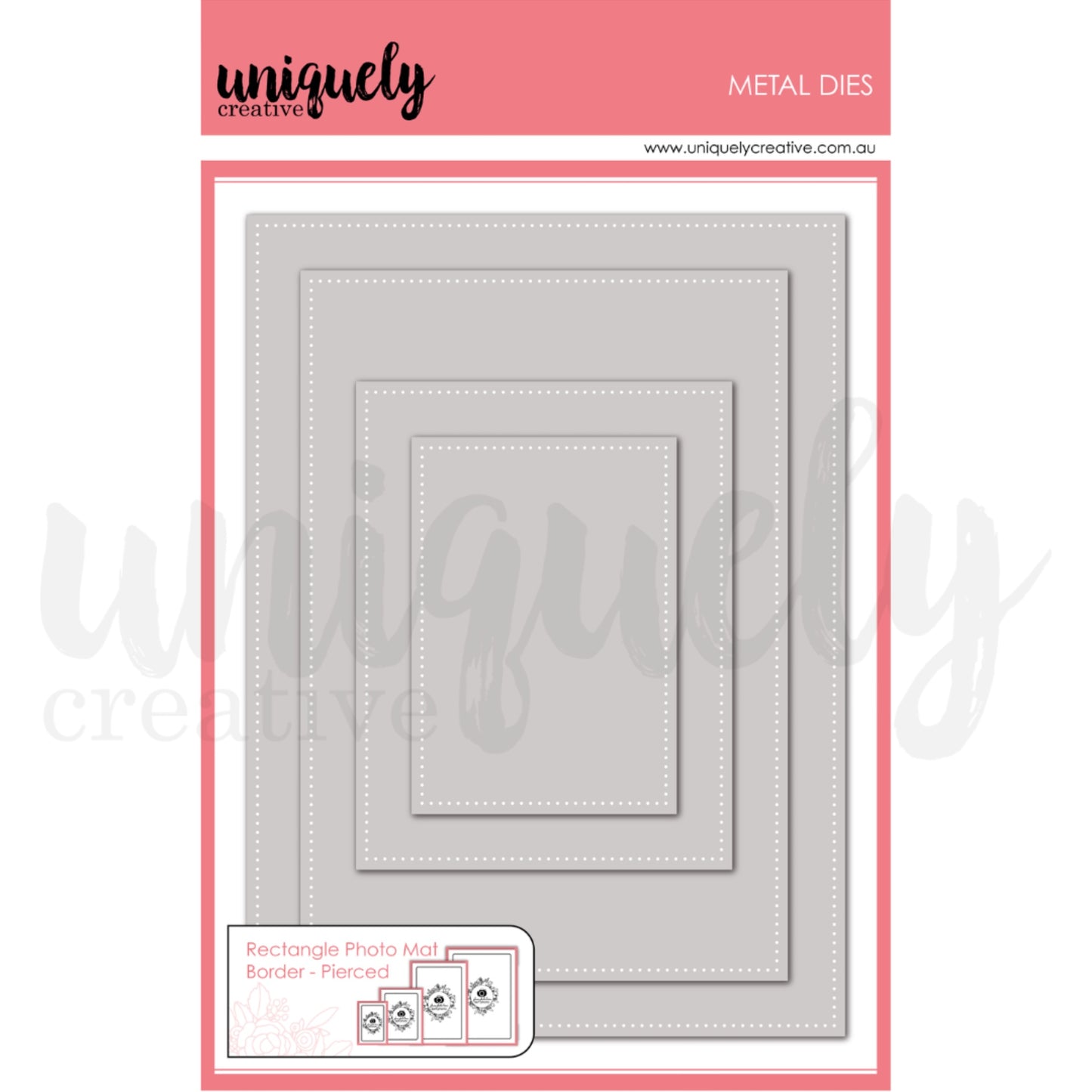 Uniquely Creative Rectangle Photo Mat Border Die Pierced set showing four nested die-cut frames with decorative pierced dotted borders in graduated rectangle sizes for scrapbooking and card making 