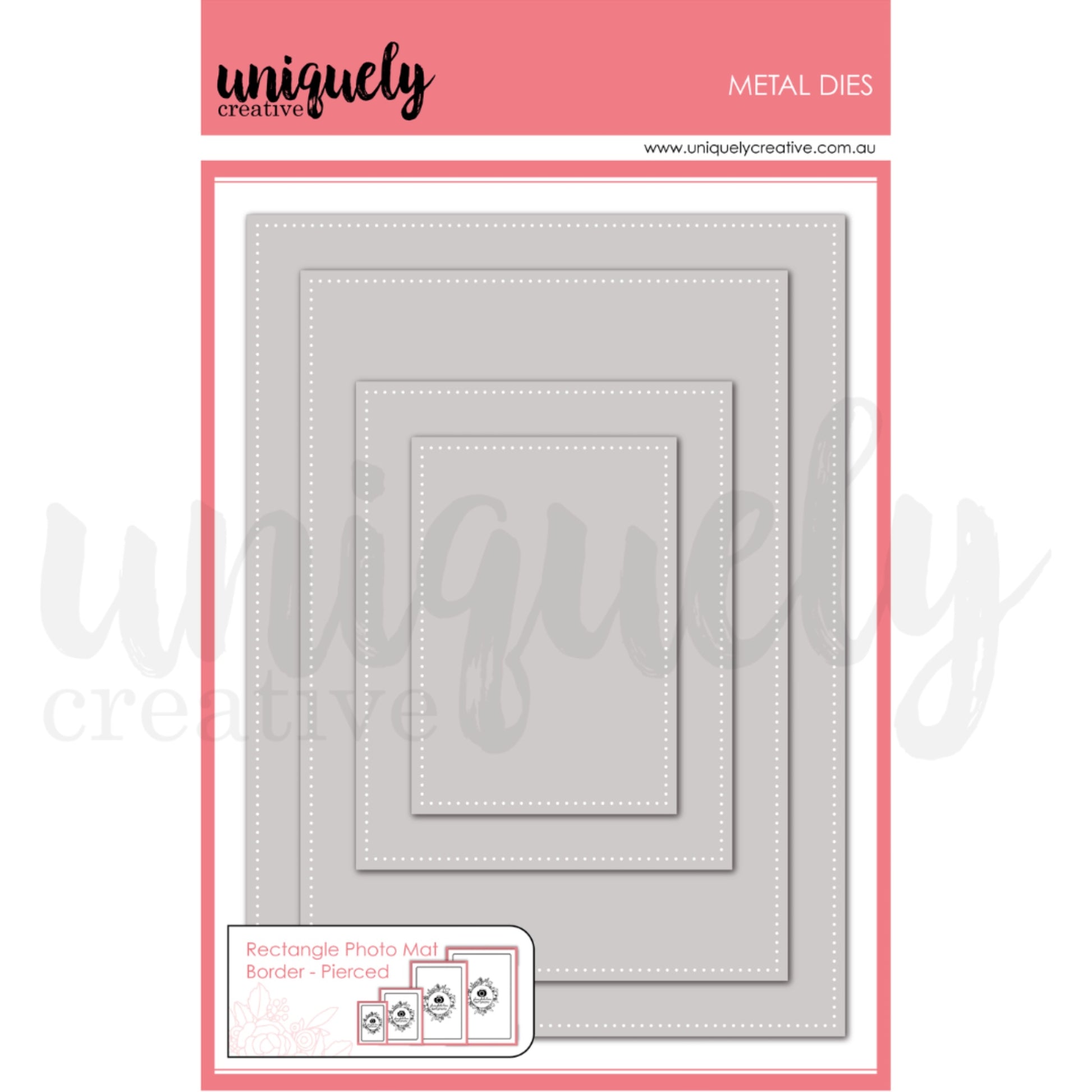 Uniquely Creative Rectangle Photo Mat Border Die Pierced set showing four nested die-cut frames with decorative pierced dotted borders in graduated rectangle sizes for scrapbooking and card making 