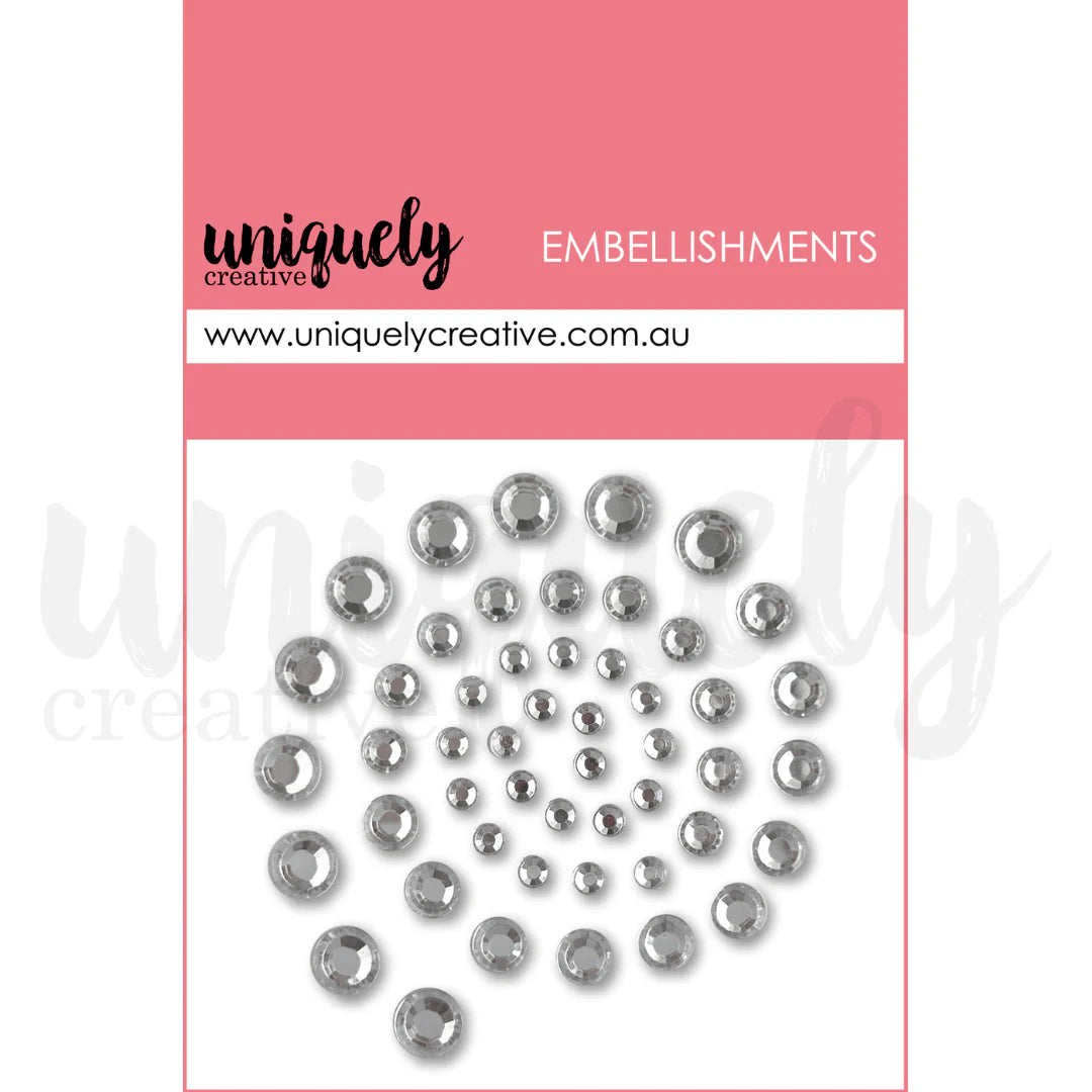 Uniquely Creative silver rhinestone embellishments with metallic mirror finish, assorted sizes, flat-back adhesive gems for card making and scrapbooking 
