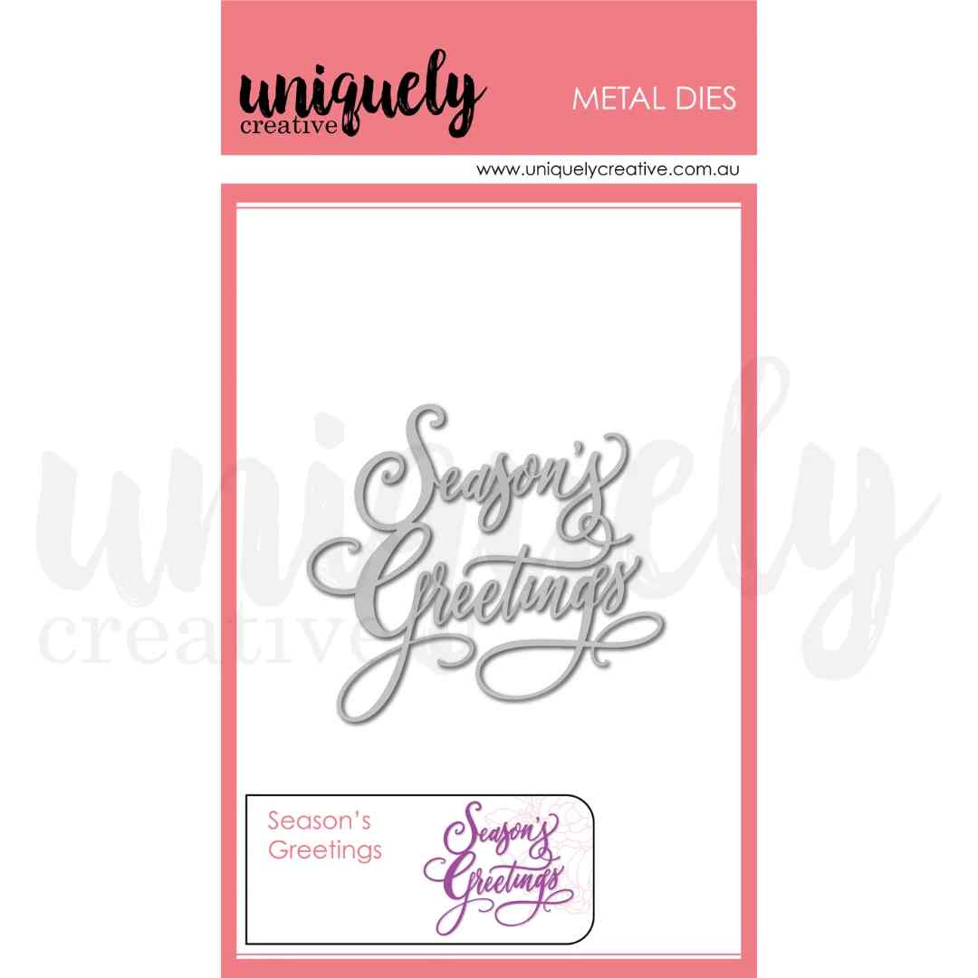 Uniquely Creative Season's Greetings metal cutting die shown in retail packaging