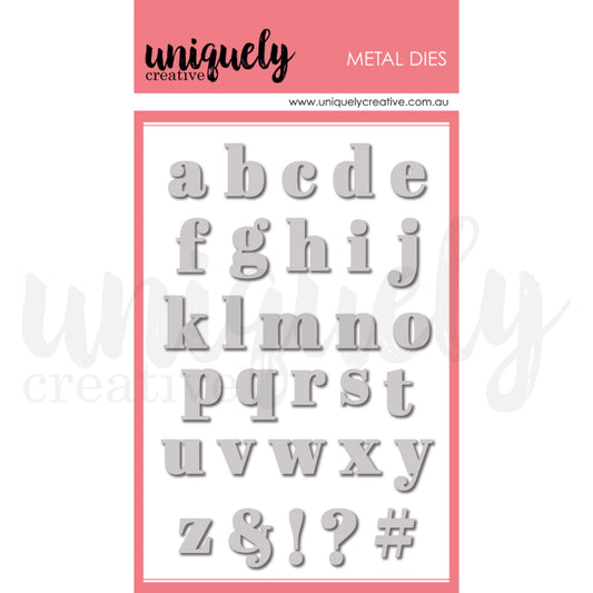 Uniquely Creative Serif Lowercase Alpha Die set showing complete alphabet a to z plus punctuation marks in classic serif font with dimensional shadowed effect