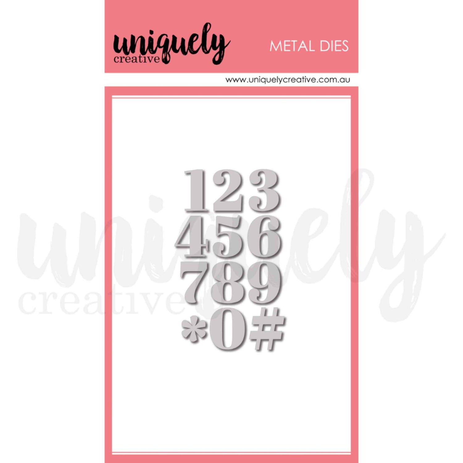 Uniquely Creative Serif Number Die set showing 12 metal dies including numbers 0–9 plus asterisk and hash symbols in a classic serif style