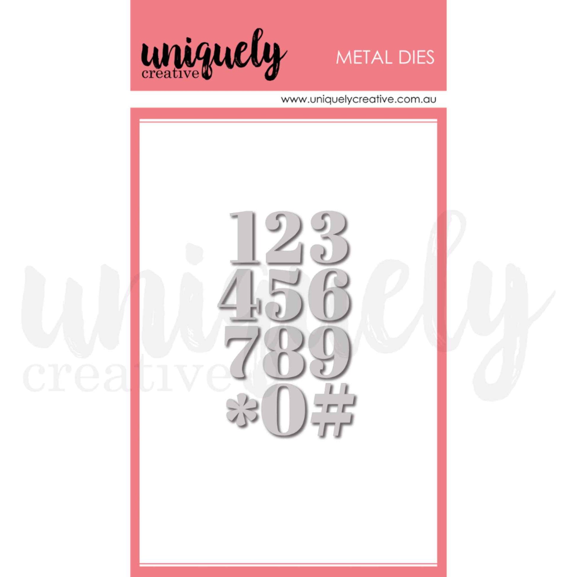 Uniquely Creative Serif Number Die set showing 12 metal dies including numbers 0–9 plus asterisk and hash symbols in a classic serif style