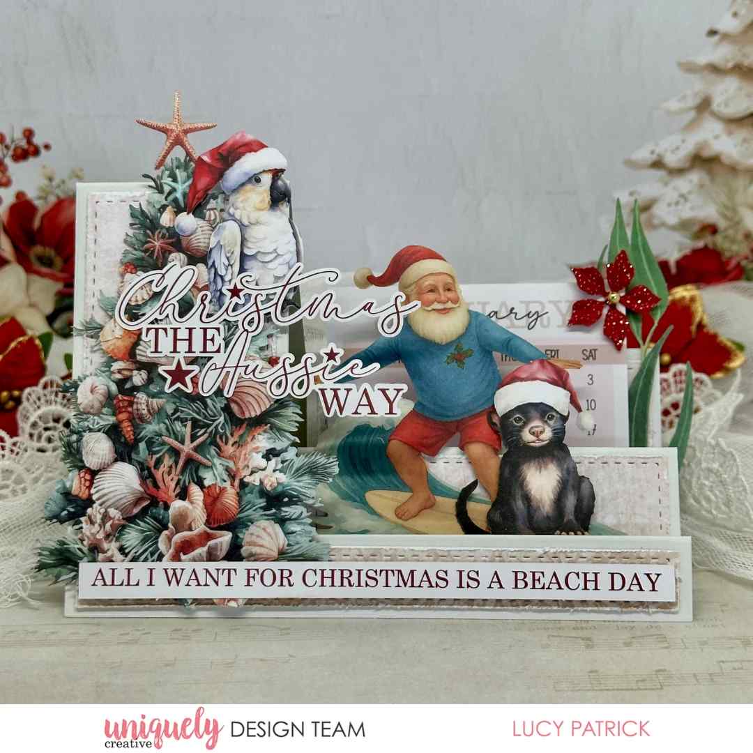 Australian Christmas side stepper card with beach-themed Santa, cockatoo, Tasmanian devil and decorated coastal Christmas tree