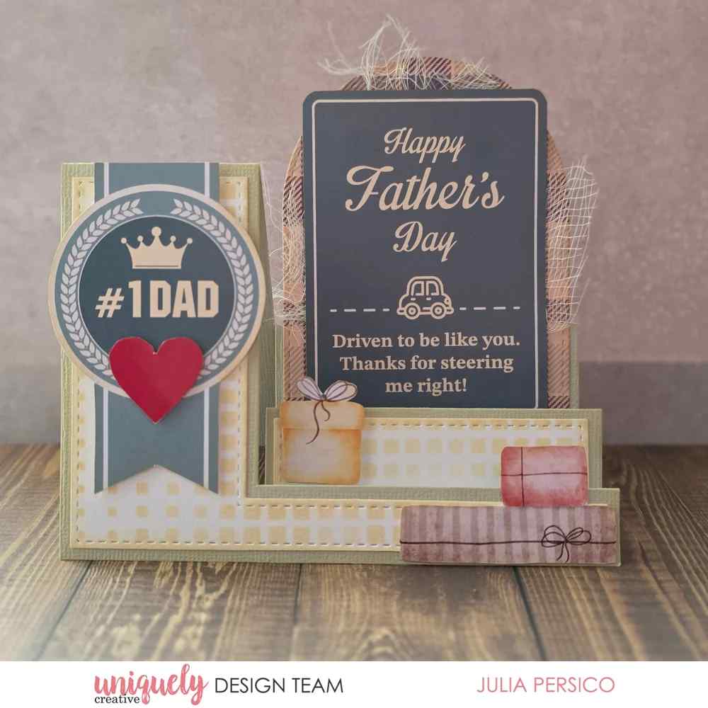 Father’s Day side stepper card with a Number One Dad badge, red heart and gift embellishments
