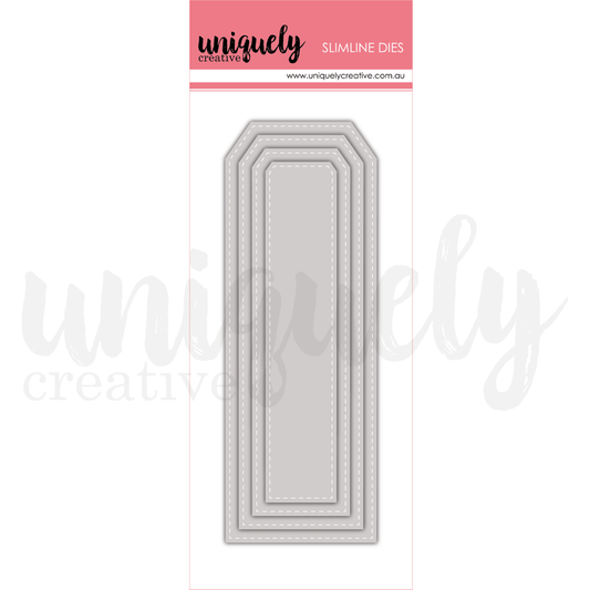 Uniquely Creative Slim Stitched Nesting Tag Die set showing four graduated metal dies with stitched detailing on pink branded packaging