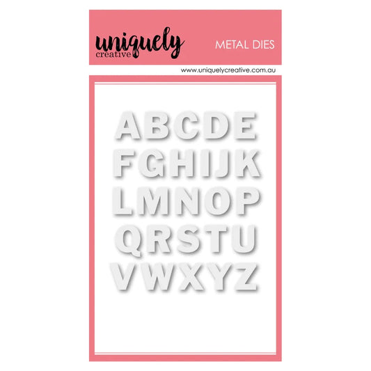 Uniquely Creative Small Uppercase Alphabet Metal Die showing complete A-Z alphabet in white dimensional letters on pink branded packaging