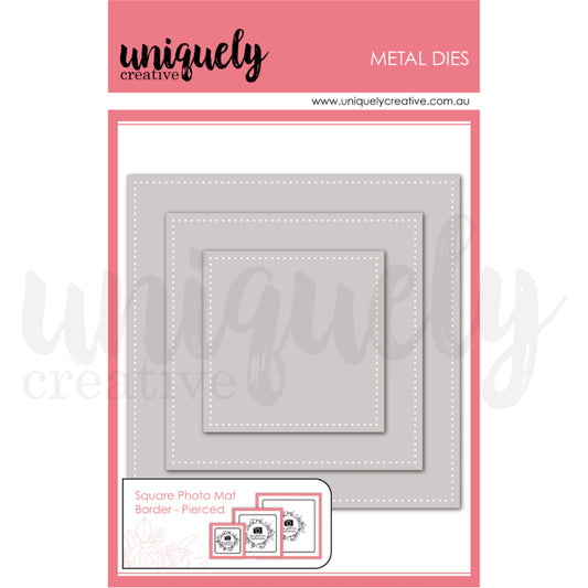 Uniquely Creative Square Photo Mat Border Die Pierced set showing three nested die-cut frames with decorative pierced dotted borders in graduated sizes for scrapbooking and card making