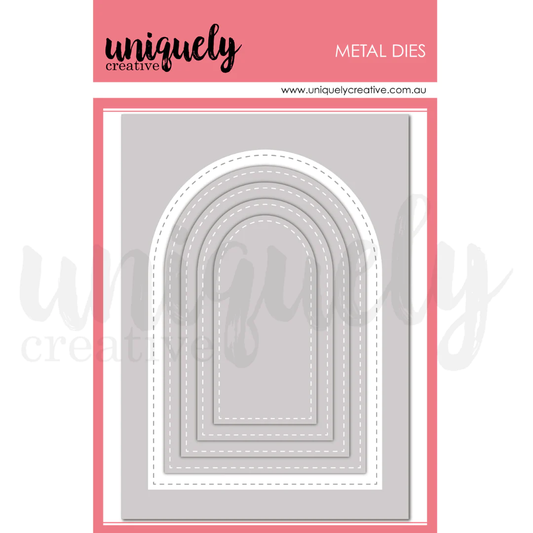 Uniquely Creative Stitched Arches Metal Die Set showing 5 nesting arch dies with decorative stitched detail on pink branded packaging