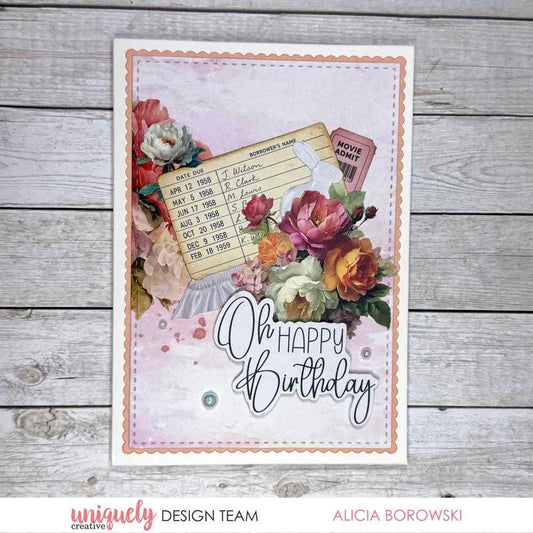 Birthday card featuring a stitched rectangle frame cut with the coordinating Uniquely Creative die set, vintage library card, florals and an Oh Happy Birthday sentiment