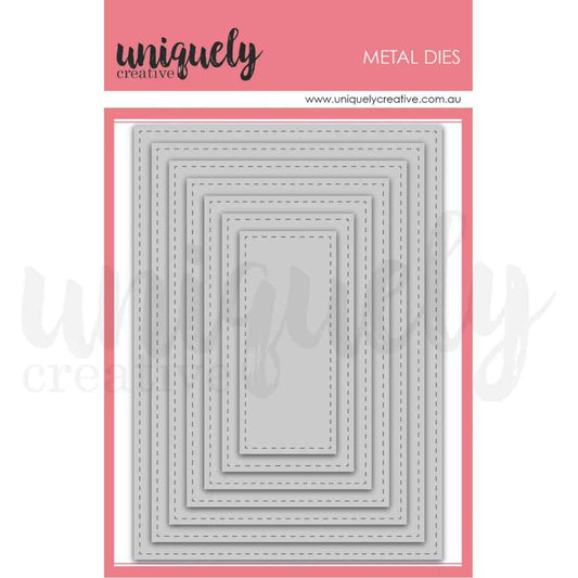 Uniquely Creative Stitched Nesting Rectangle metal dies showing seven straight-edge stitched frames