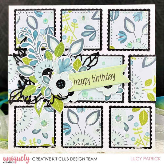 Birthday card with a scalloped squares layered under stitched square die cuts, along with layered florals and a happy birthday tag