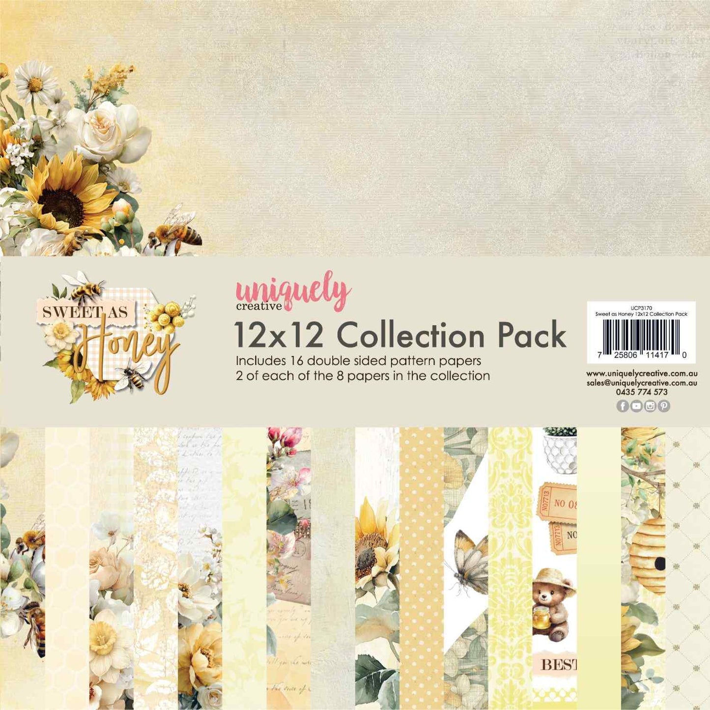 Uniquely Creative Sweet As Honey 12x12 Collection Pack showing packaging with collection logo, paper fan display of all 16 double-sided sheets, and sunflower and white rose floral cluster 