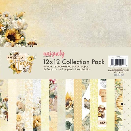 Uniquely Creative Sweet As Honey 12x12 Collection Pack showing packaging with collection logo, paper fan display of all 16 double-sided sheets, and sunflower and white rose floral cluster 