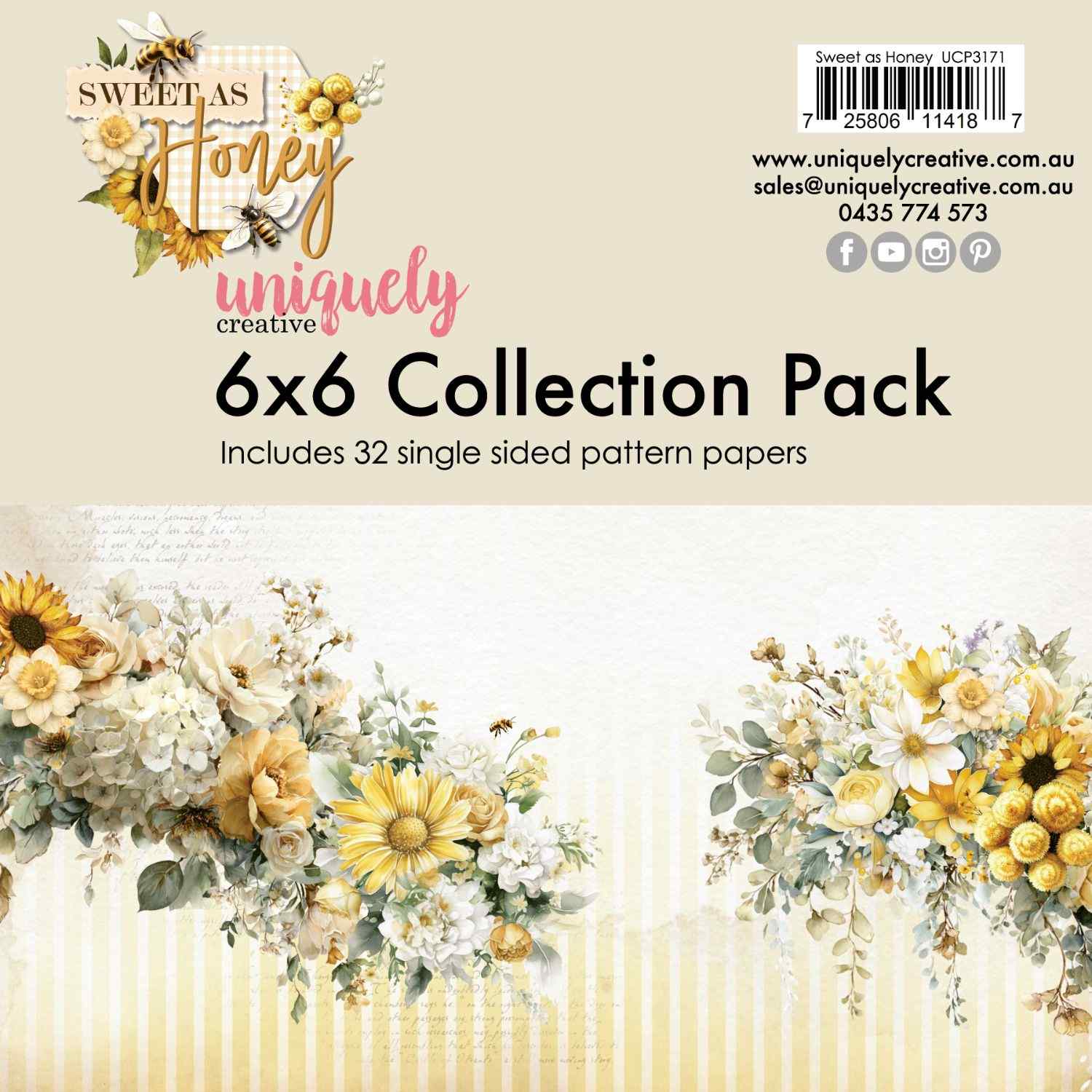 Uniquely Creative Sweet As Honey 6x6 Collection Pack showing packaging with collection logo, and a display of single-sided papers featuring watercolour sunflower, daisy, rose, and hydrangea bouquets on cream stripe and script backgrounds