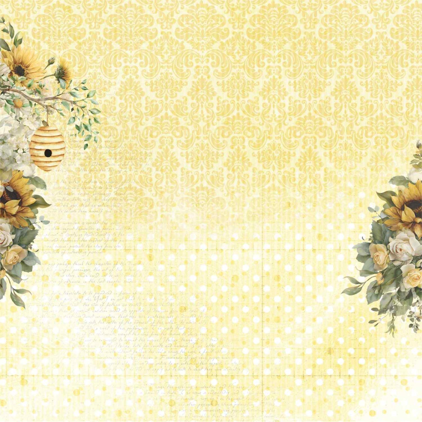 Uniquely Creative Sweet As Honey A Little Lovely 12x12 paper front side, warm golden yellow background blending from tonal damask at the top to white polka dots on yellow at the bottom, with handwritten script overlay, sunflower and white rose floral clusters in the left and right corners, and a hanging beehive on a blossom branch in the upper left