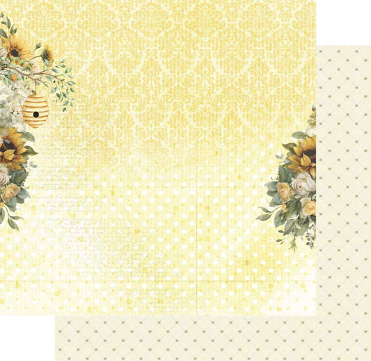 Uniquely Creative Sweet As Honey A Little Lovely 12x12 paper stack showing front and reverse sides, featuring sunflower and rose floral clusters with hanging beehive on a golden damask and polka dot ombre front, with a cream and sage tonal dot reverse