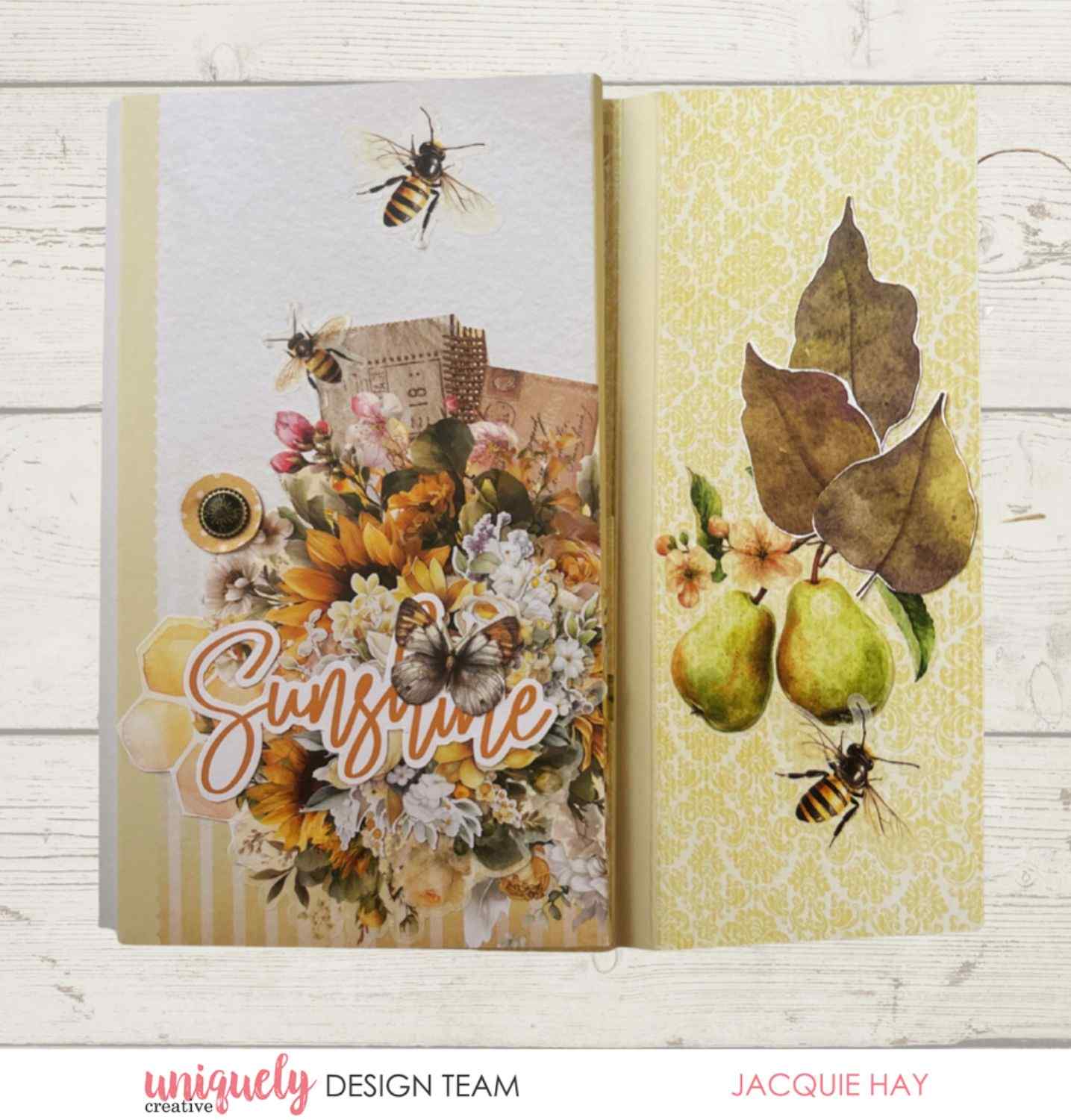Uniquely Creative Sweet As Honey fold-out album interior showing "Sunshine" sunflower bouquet page alongside pear and bee botanical panel, created by Jacquie Hay