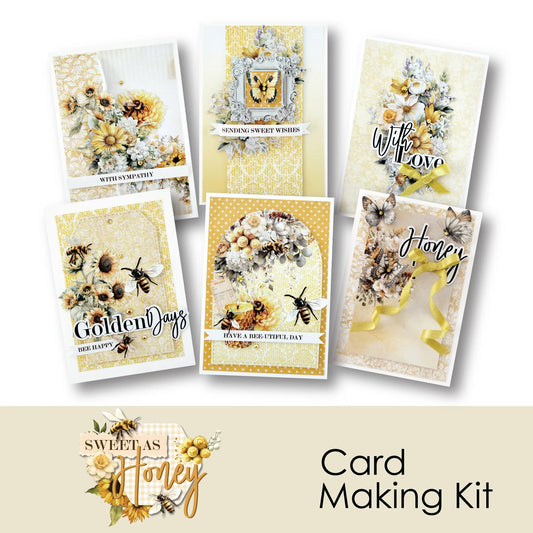Uniquely Creative Sweet As Honey Card Making Kit showing six completed handmade cards featuring bees, sunflowers, butterflies and golden floral designs