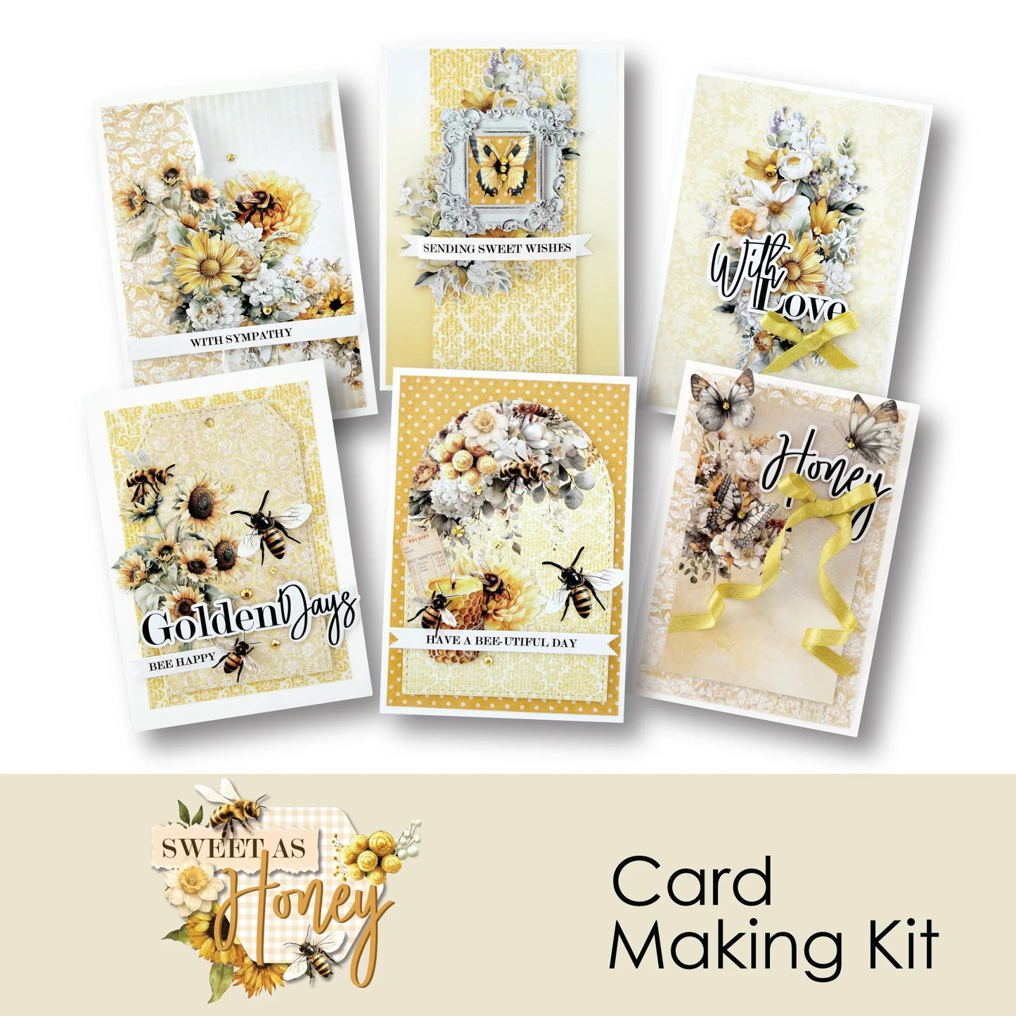 Uniquely Creative Sweet As Honey Card Making Kit showing six completed handmade cards featuring bees, sunflowers, butterflies and golden floral designs