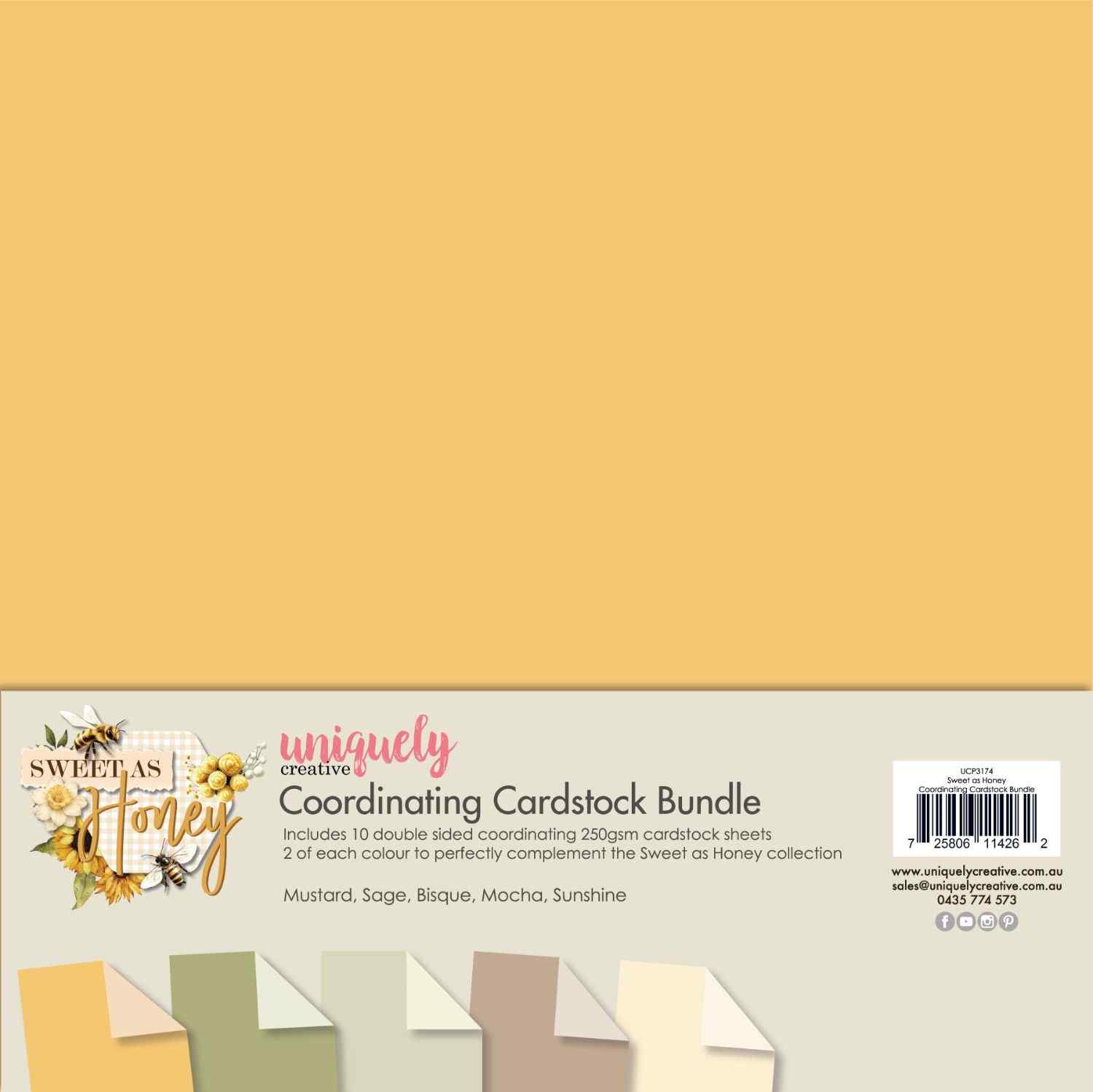 Uniquely Creative Sweet As Honey Coordinating Cardstock Bundle packaging showing a warm mustard yellow double-sided sheet on top, with a fan of five colour swatches below in Mustard, Sage, Bisque, Mocha, and Sunshine 