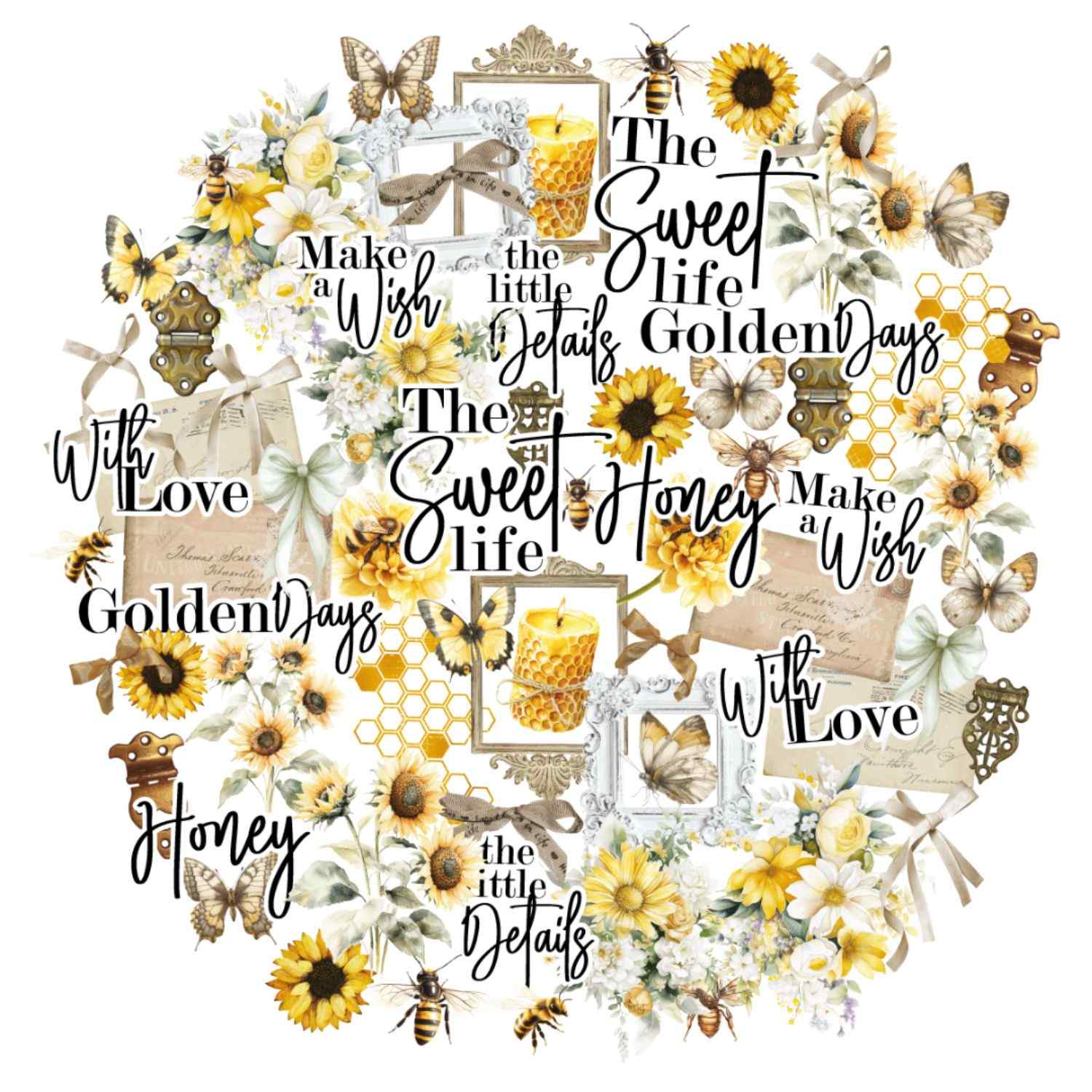 Uniquely Creative Sweet As Honey Creative Cuts die-cut elements displayed in a circular arrangement on white, including sunflowers, white roses, daisies, bees, butterflies, honeycomb hexagons, ornate frames, candles, hinges, vintage letters, sage bows, and script sentiments: The Sweet Life, Golden Days, Make a Wish, With Love, Honey, and The Little Details 