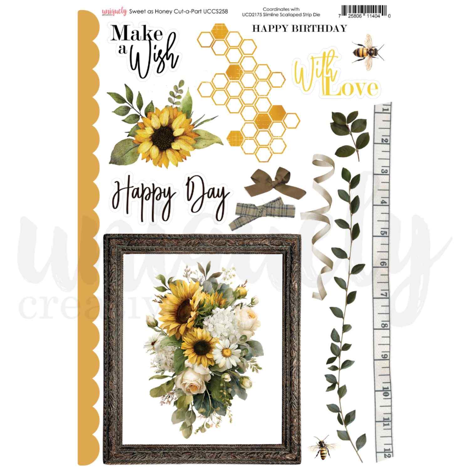 Uniquely Creative Sweet As Honey Cut-a-Part sheet UCCS258 featuring a gold scalloped border strip, Make a Wish and Happy Day script sentiments, Happy Birthday and With Love gold foil titles, sunflower and eucalyptus bouquet, gold foil honeycomb hexagons, honeybees, dark ornate frame with sunflower and white rose bouquet, plaid and satin bows, curled ribbon, botanical leaf stem, and a vintage ruler strip. Coordinates with the Slimline Scalloped Strip Die. 