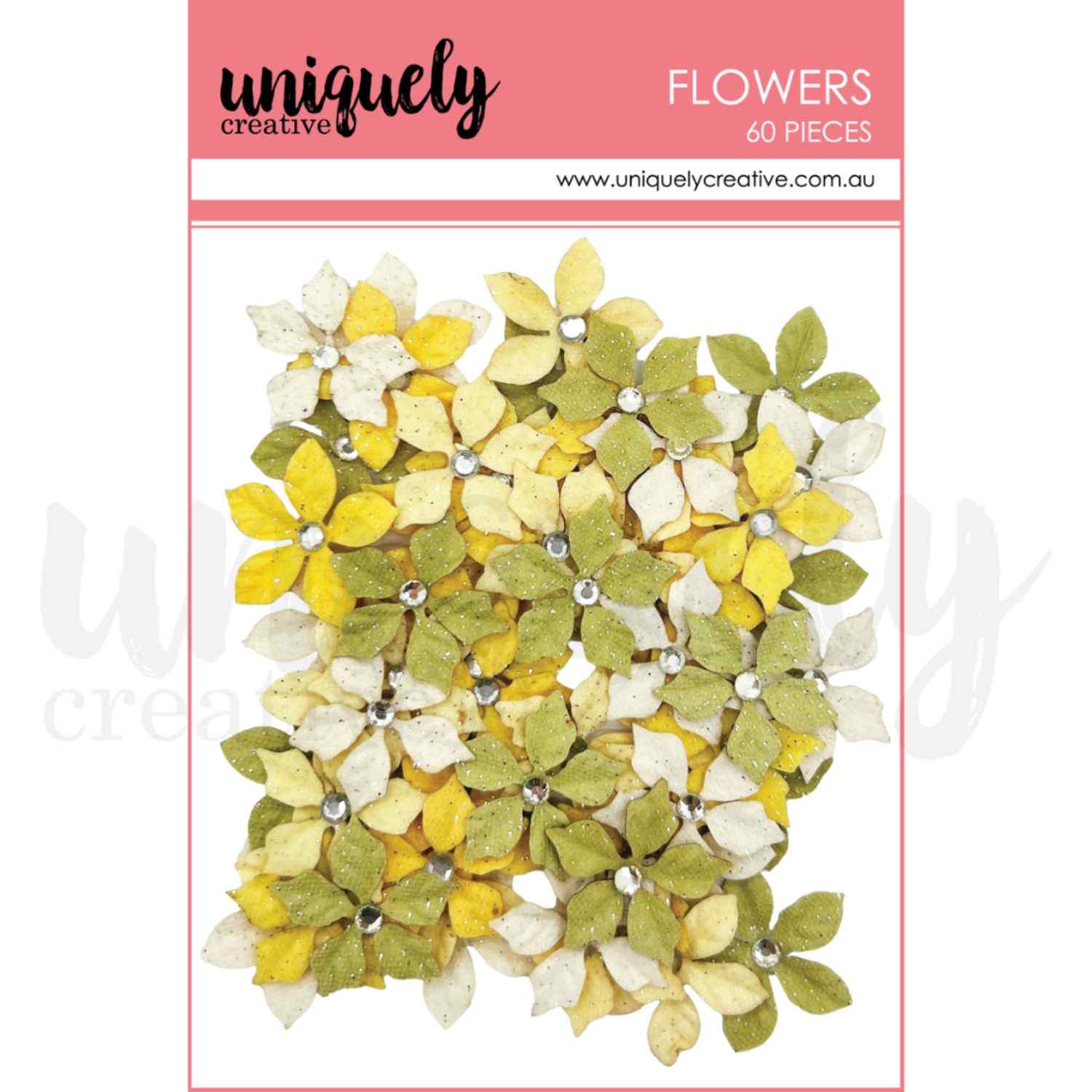 Uniquely Creative Sweet As Honey Golden Meadow Flowers pack of 60 small paper flowers with glitter finish and rhinestone centres in yellow, cream, and sage green, approximately 1 inch each 