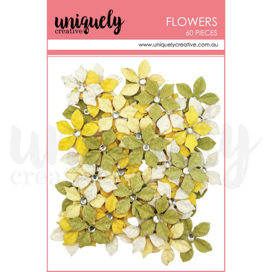 Uniquely Creative Sweet As Honey Golden Meadow Flowers pack of 60 small paper flowers with glitter finish and rhinestone centres in yellow, cream, and sage green, approximately 1 inch each 