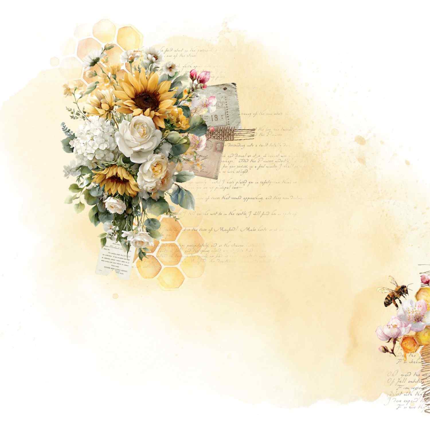 Uniquely Creative Sweet As Honey Honeycomb 12x12 paper front side, soft cream and peach watercolour wash background with handwritten script overlay, sunflower and white rose floral cluster, vintage postcard and tag ephemera, honeycomb hexagons, and a bee with blossom vignette in the lower right corner