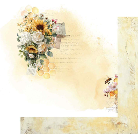 Uniquely Creative Sweet As Honey Honeycomb 12x12 paper stack showing front and reverse sides, featuring a sunflower, white rose, and honeycomb collage cluster on a warm cream watercolour wash front, with a distressed aged plaster texture reverse