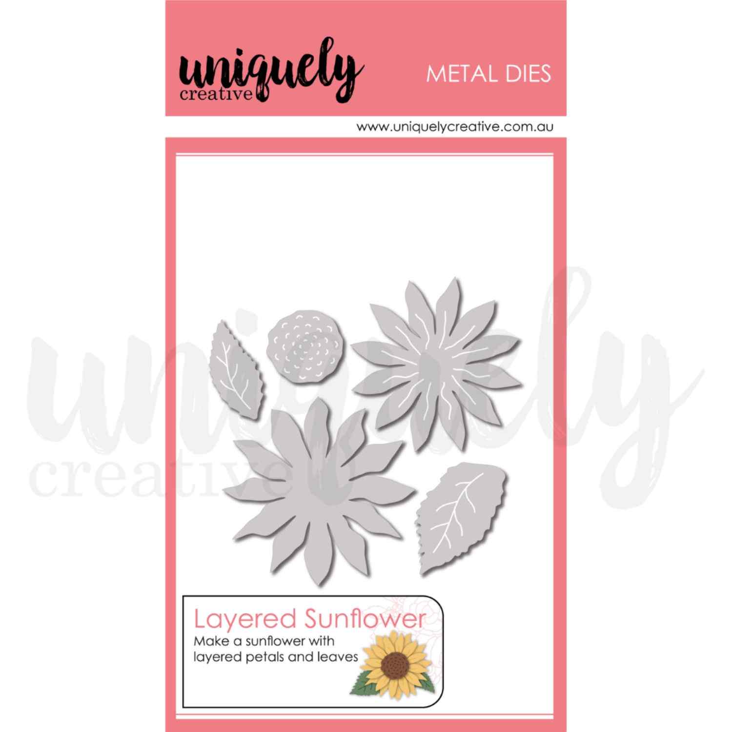 Uniquely Creative Sweet As Honey Layered Sunflower Die set of 5 metal dies showing two sunflower petal layer dies in different sizes, a circular spiral flower centre die, a small petal layer die, and two veined leaf dies 