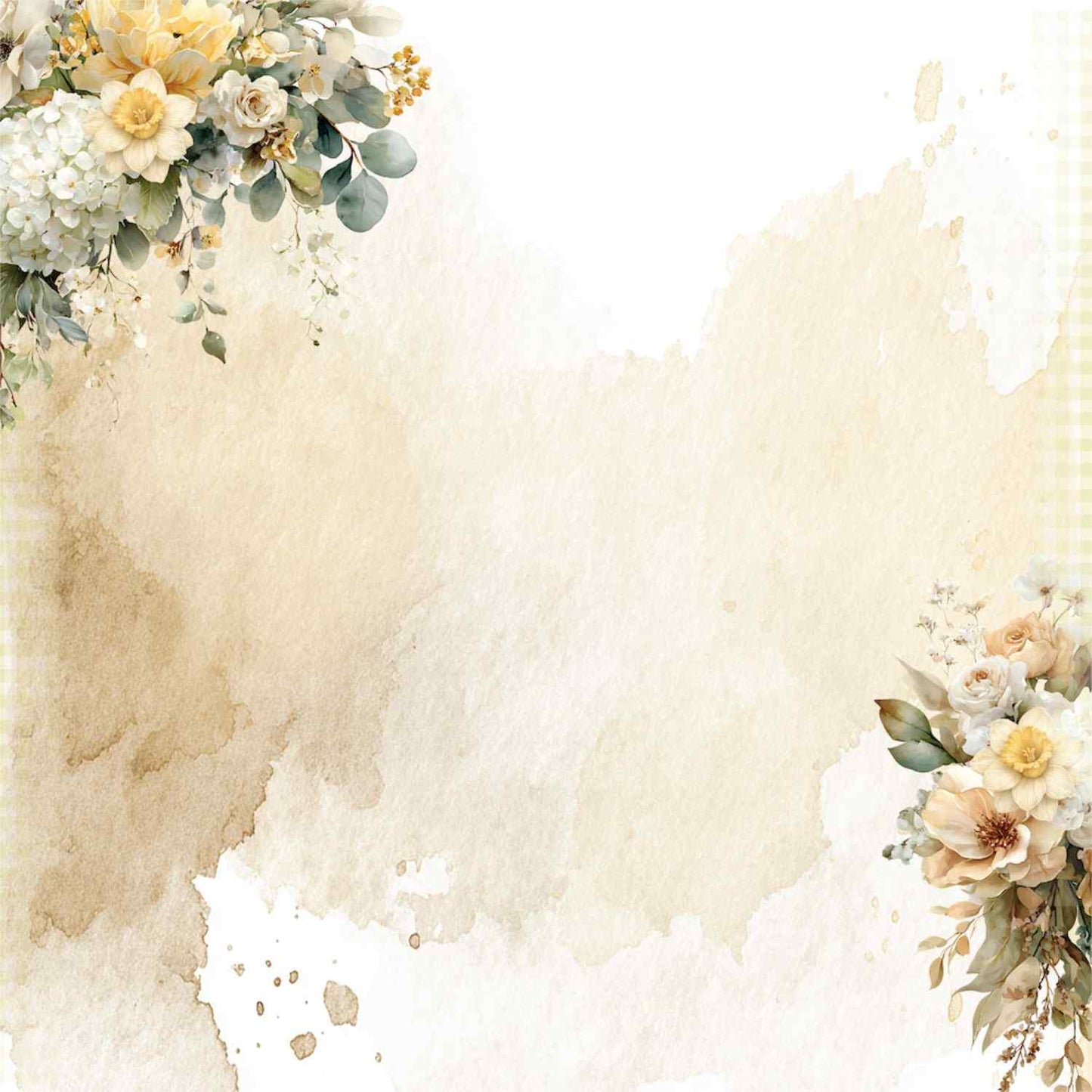 Uniquely Creative Sweet As Honey Moments in Time 12x12 paper front side, soft cream watercolour wash background with yellow rose, white hydrangea, and eucalyptus floral clusters in opposite corners
