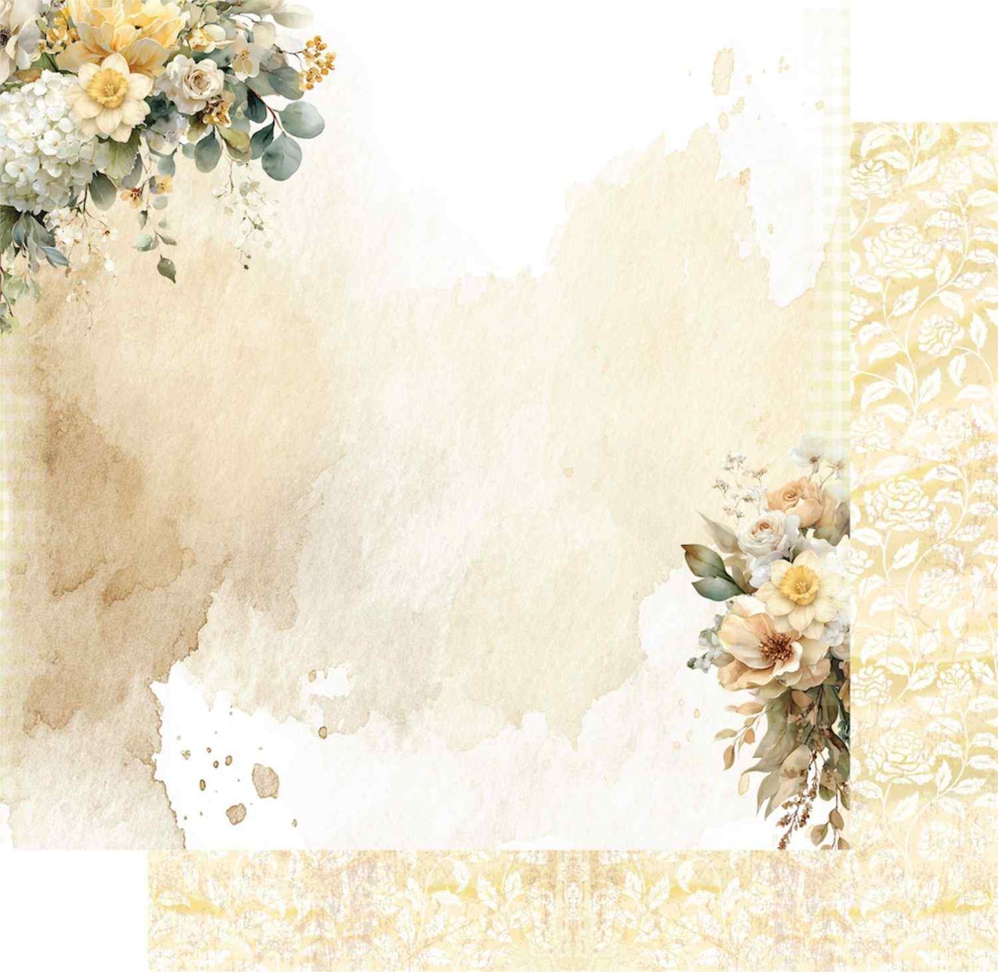 Uniquely Creative Sweet As Honey Moments in Time 12x12 paper stack showing front and reverse sides, featuring cream and yellow floral corner clusters with watercolour wash on front and tonal floral vine pattern on reverse