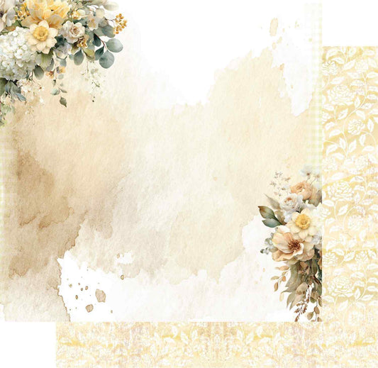 Uniquely Creative Sweet As Honey Moments in Time 12x12 paper stack showing front and reverse sides, featuring cream and yellow floral corner clusters with watercolour wash on front and tonal floral vine pattern on reverse