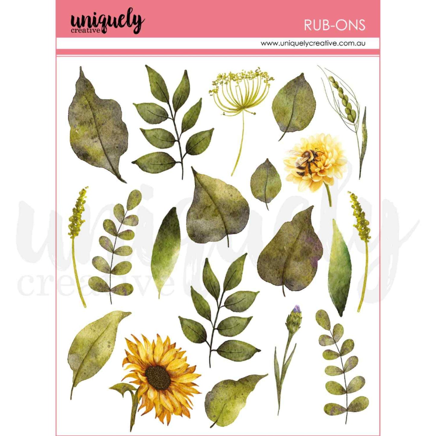 Uniquely Creative Sweet As Honey Nature Rub-Ons sheet showing watercolour botanical elements including large textured leaves, eucalyptus sprigs, fern fronds, wheat stems, allium flower head, yellow dahlia with bee, sunflower, and seed pod bud