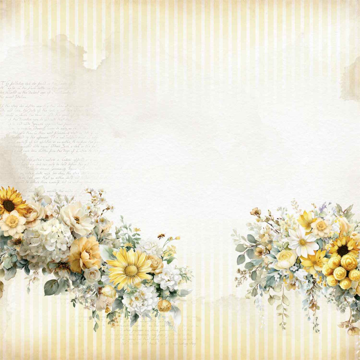 Uniquely Creative Sweet As Honey Nice Things 12x12 paper front side, soft white and gold vertical stripe background with handwritten script overlay and lush sunflower, white rose, hydrangea, and daisy floral border clusters along the bottom edge